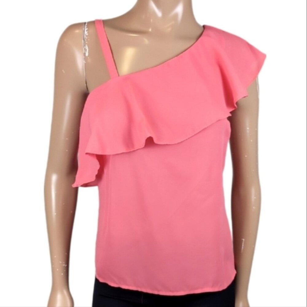 Suzy Shier Coral Orange Ruffled Asymmetrical Blouse One Shoulder Crepe Top XS